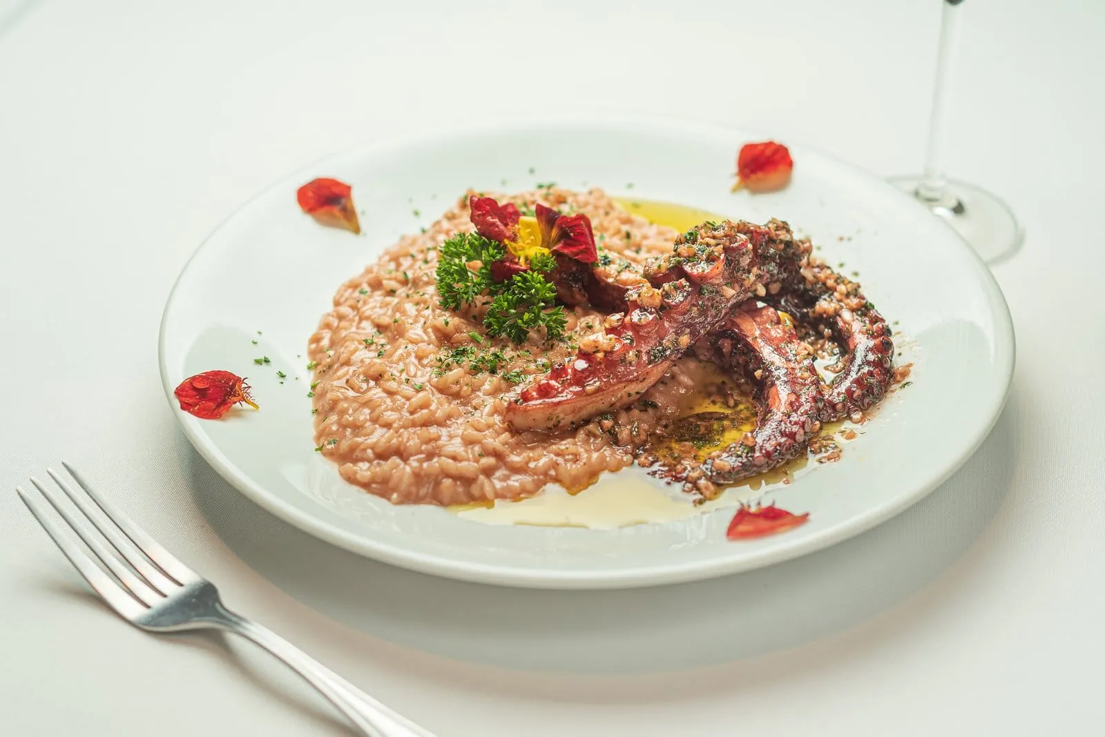 Tentáculo de polvo sobre risoto rosado, decorado com pétalas de flores