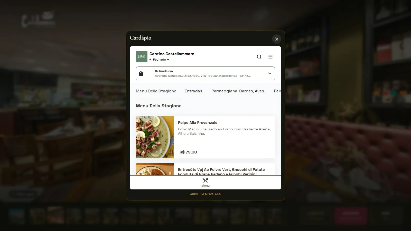 Janela Cardápio aberta sobre o tour, com o cardápio digital da cantina mostrando o Menu Della Stagione e o primeiro prato com foto e preço