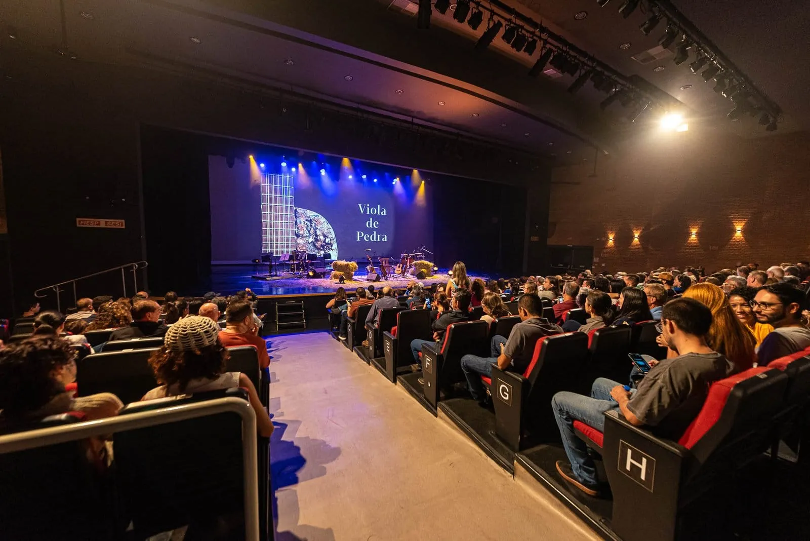 Plateia lotada em teatro diante do palco iluminado, com o título Viola de Pedra no telão