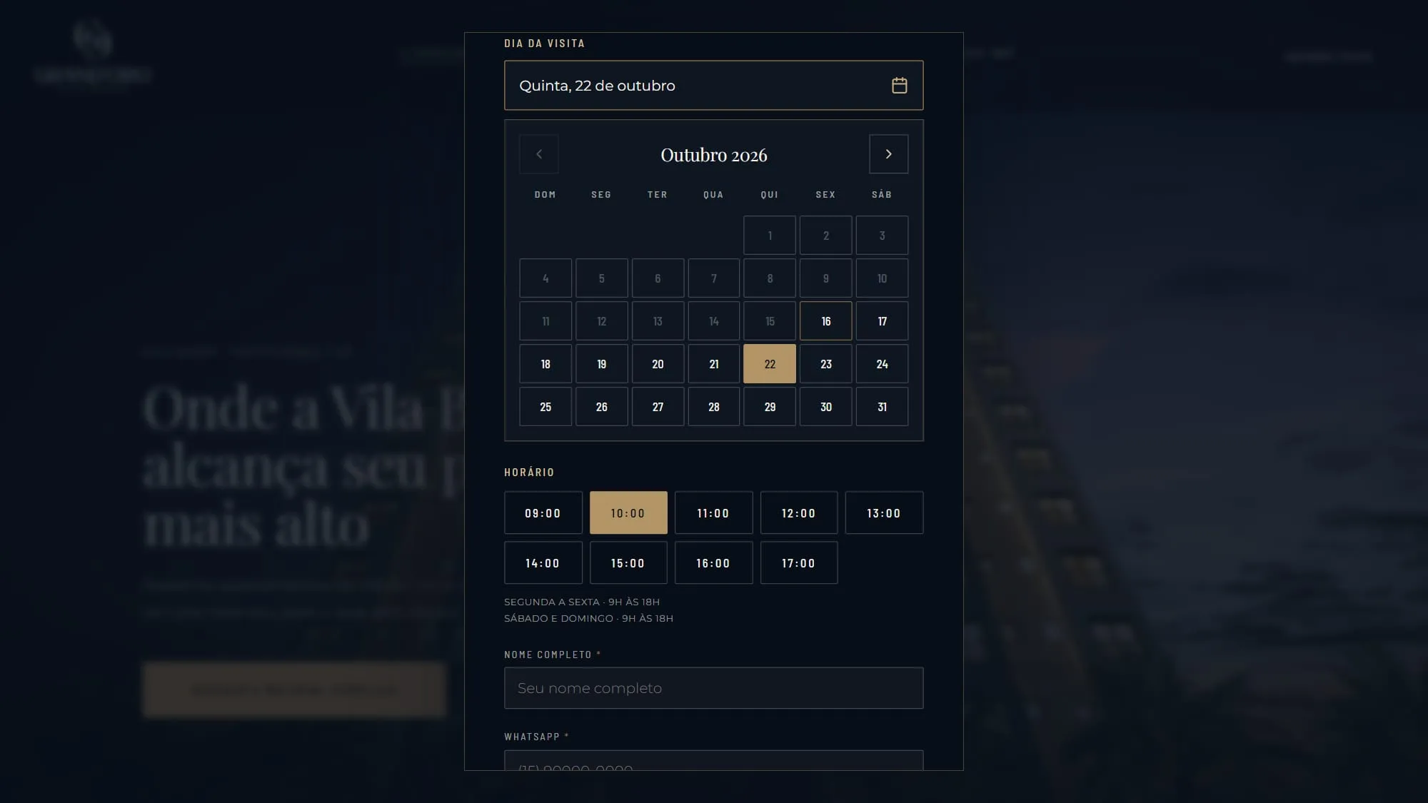 Janela de agendamento de visita com o calendário do mês, um dia marcado e o horário escolhido