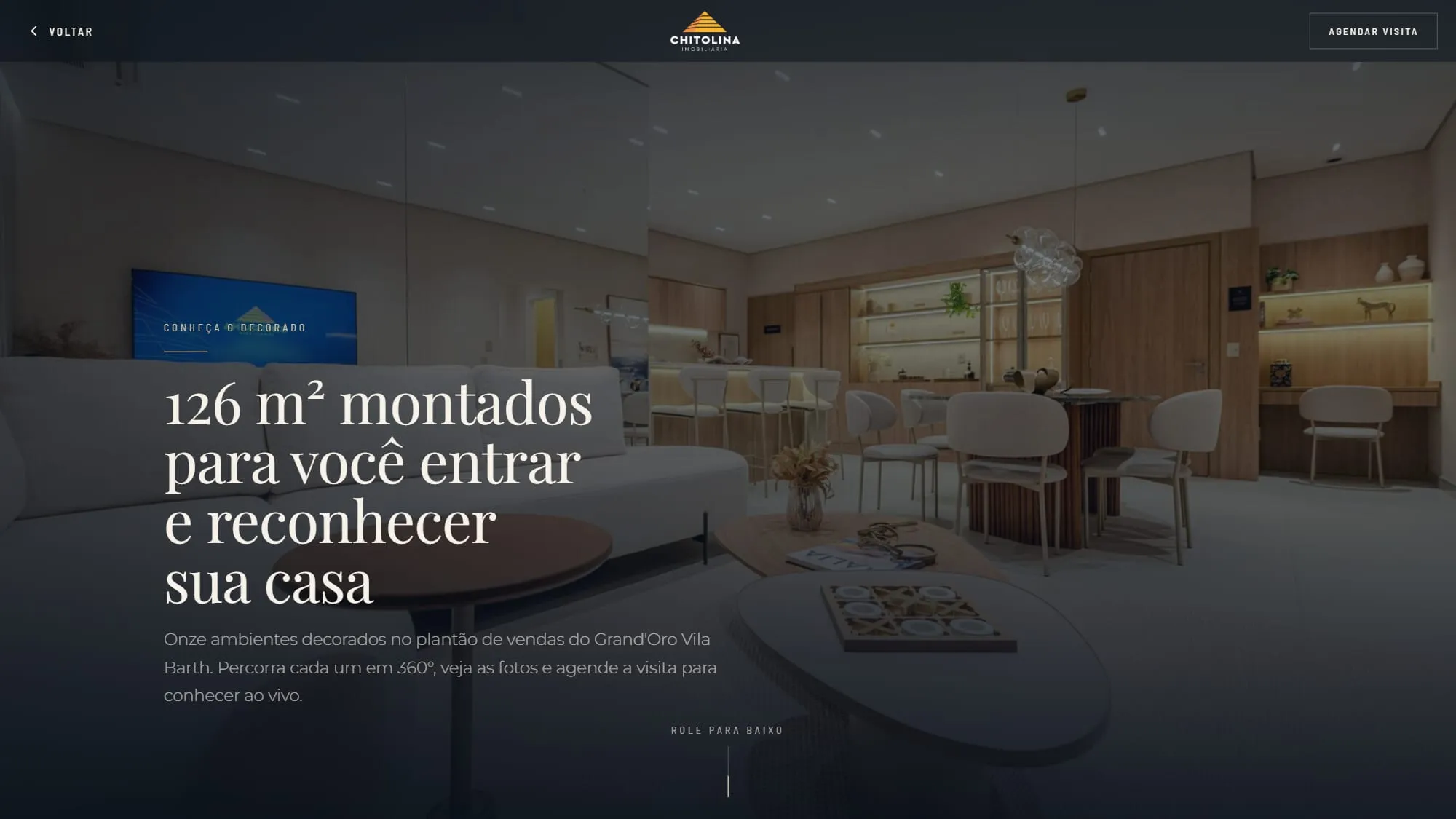 Página do apartamento decorado do Grand'Oro Vila Barth no site do empreendimento, com fotos dos ambientes e o botão para abrir o tour 360°