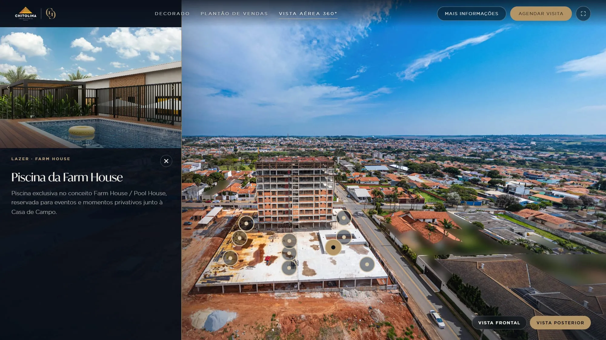Vista aérea 360° do Grand'Oro Vila Barth com o card de uma área de lazer aberto na lateral, com imagem ilustrativa, título e texto, e a obra visível ao lado