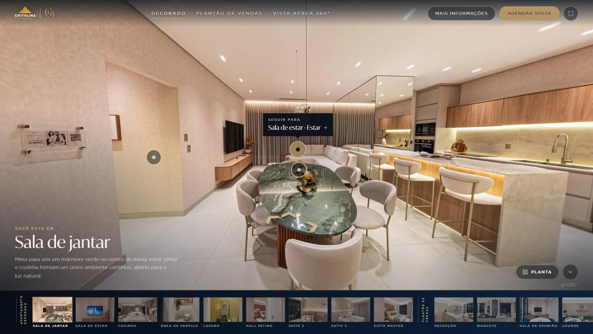 Tour 360° do apartamento decorado Grand'Oro Vila Barth com um ponto dourado na passagem e o aviso Seguir para com o nome do próximo ambiente