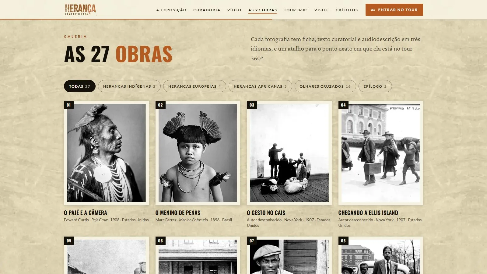 Seção As 27 obras do site, com filtros por núcleo e a grade de fotografias numeradas