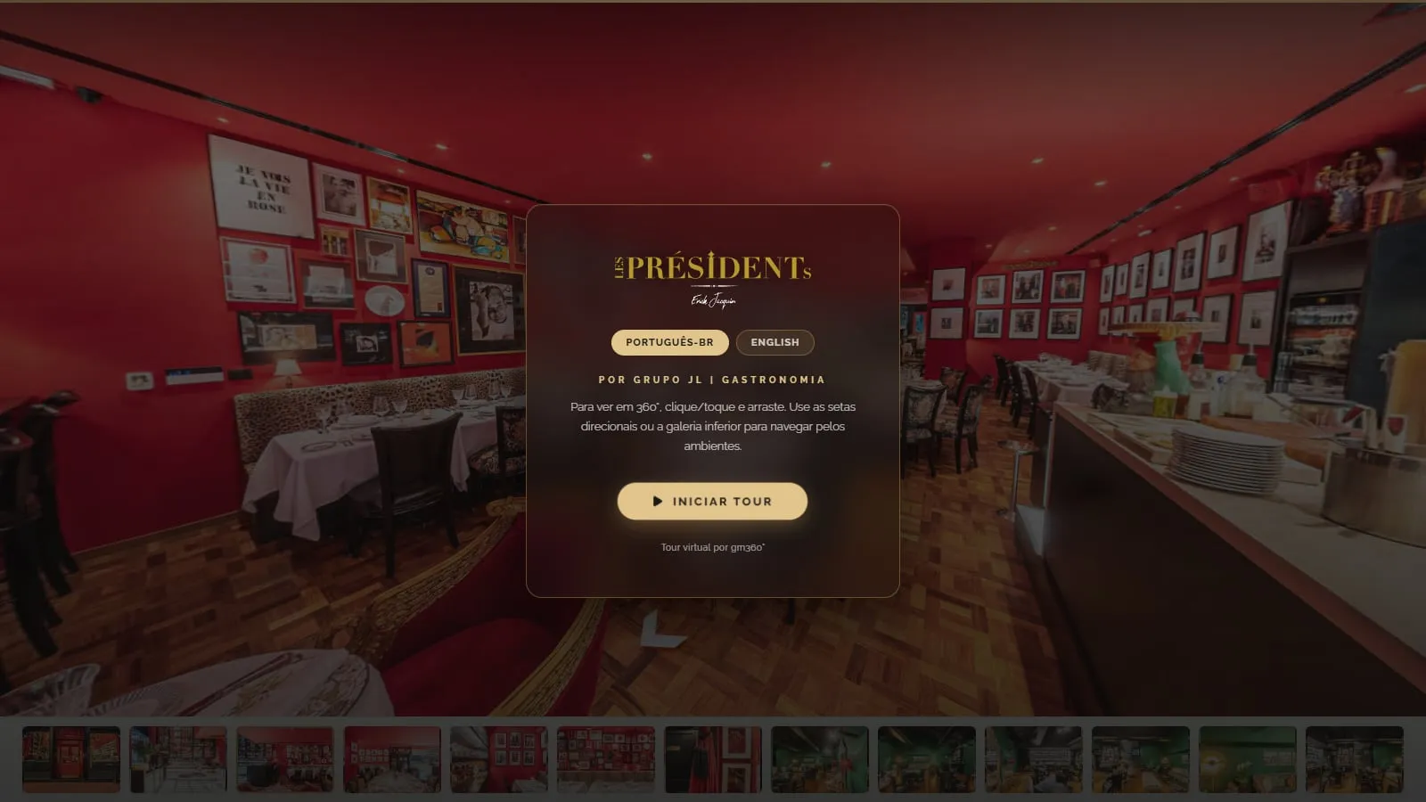 Tela de abertura do tour Les Présidents, com o logotipo da casa, a escolha entre português e inglês e o botão Iniciar Tour sobre o salão vermelho