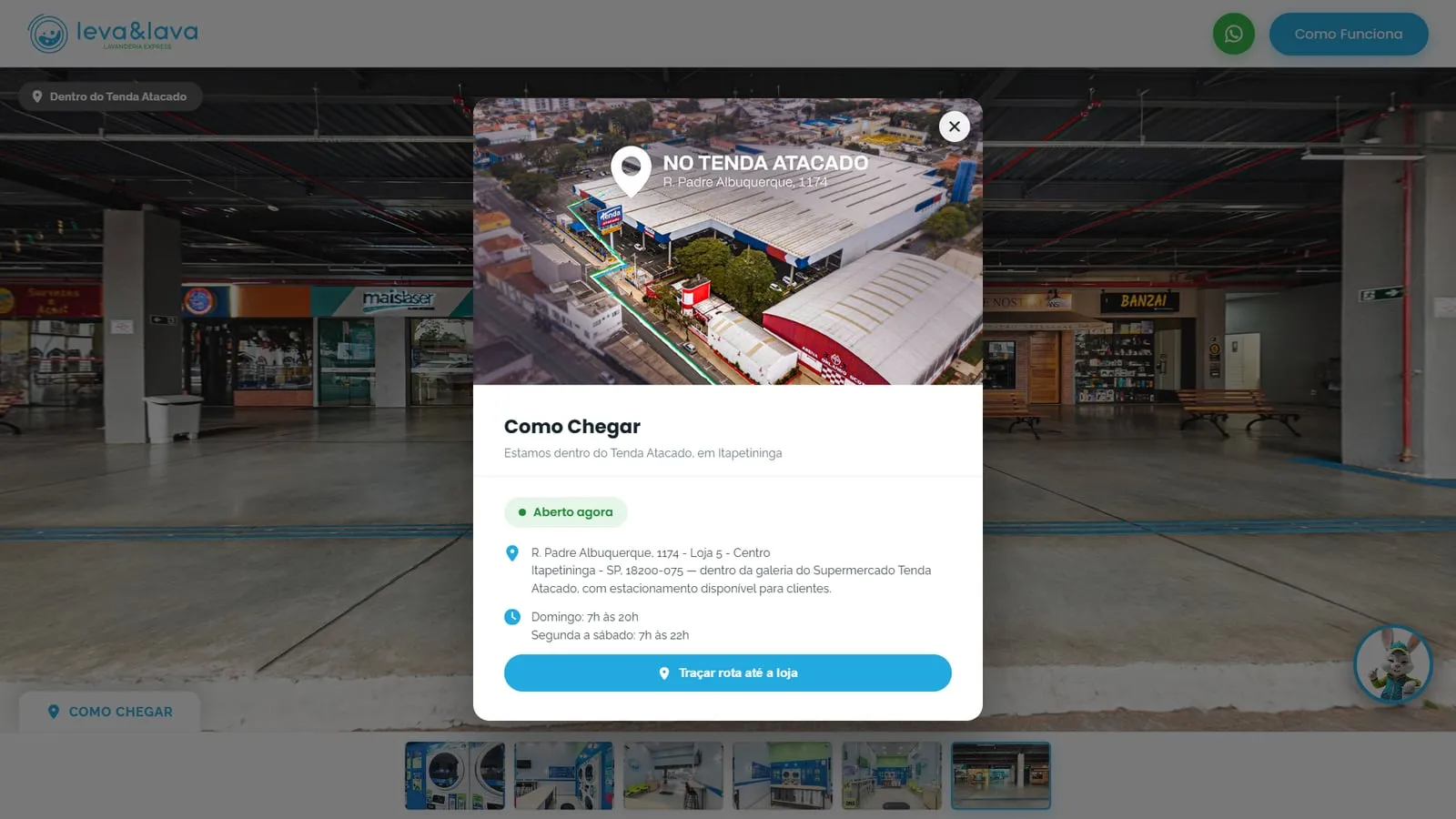 Janela Como Chegar com a foto aérea do Tenda Atacado, o selo Aberto agora, o endereço com estacionamento, os horários de domingo e de segunda a sábado e o botão Traçar rota até a loja