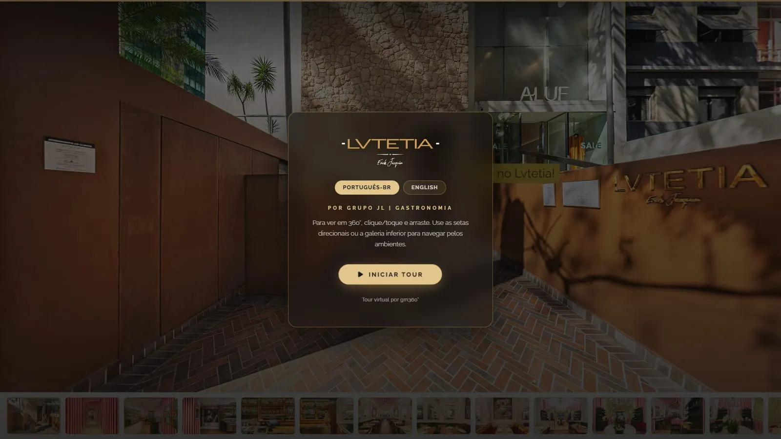 Tela de abertura do tour Lvtetia, com o logotipo da casa, a escolha entre português e inglês e o botão Iniciar Tour sobre o pátio de entrada