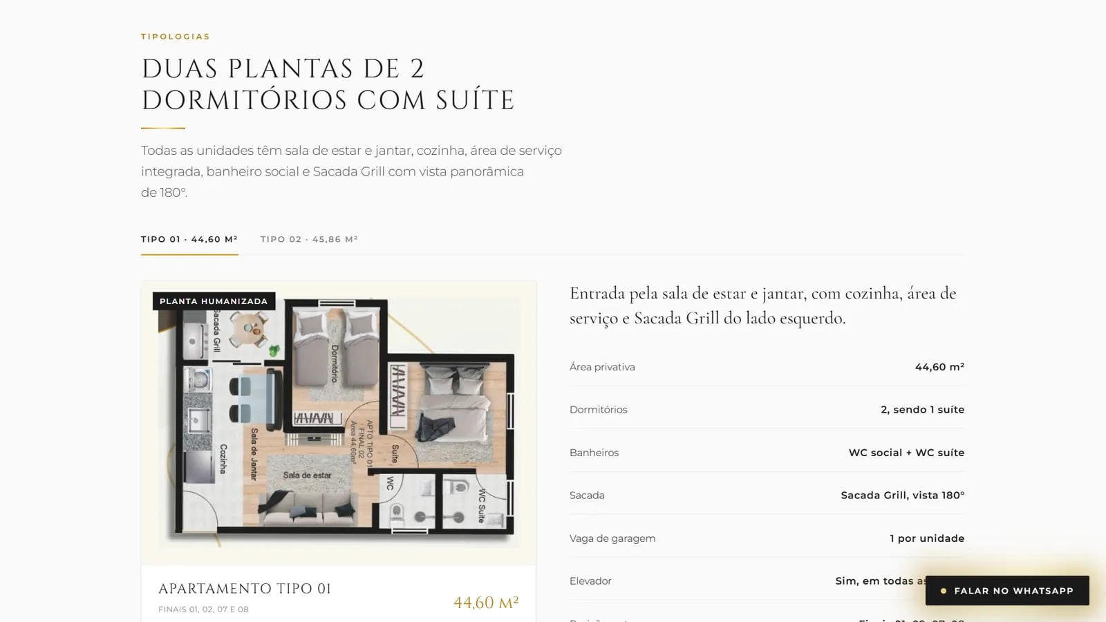 Seção de plantas da landing com o título Duas plantas de 2 dormitórios com suíte, as abas Tipo 01 e Tipo 02, a planta humanizada de 44,60 m² e a lista de características