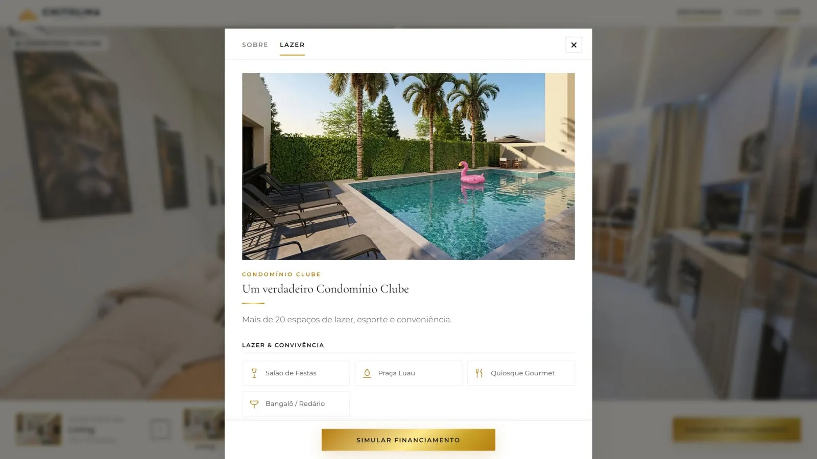 Painel Lazer aberto sobre o tour, com a imagem ilustrativa da piscina, o título Um verdadeiro Condomínio Clube e o grupo Lazer e convivência com salão de festas, praça luau, quiosque gourmet e bangalô